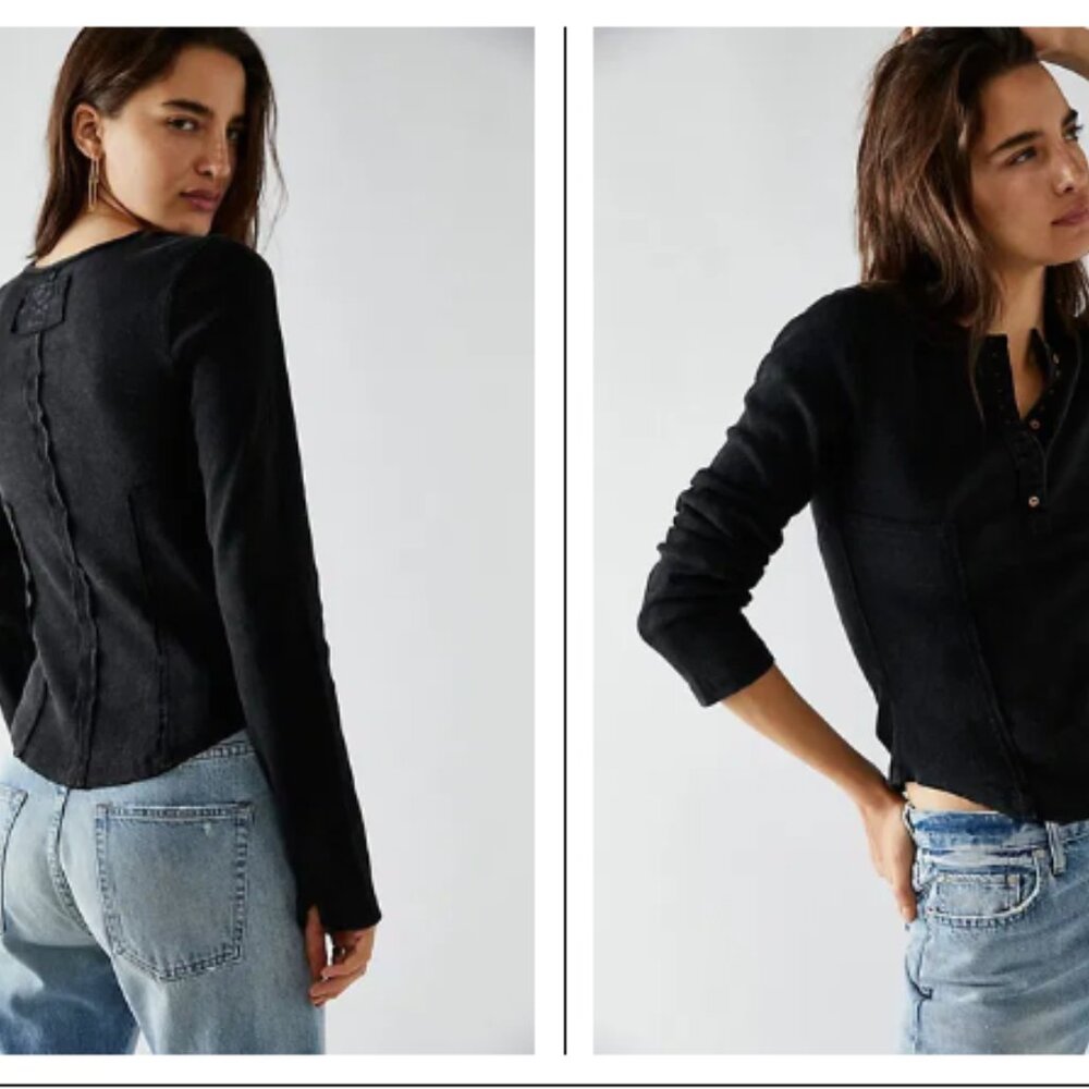 Free People ❤️ BLACK  Henley Long Sleeve -NWT